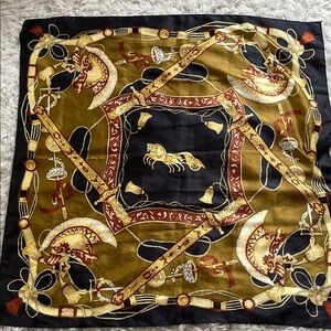 Silk-Feel Decorative large Square Scarf in Olive and Black-VG vintage condition